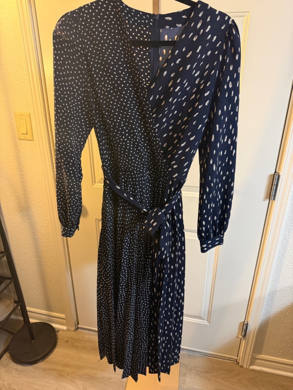 Adam et Rope Navy Polka Dot Pleated Tie Waist Midi Dress